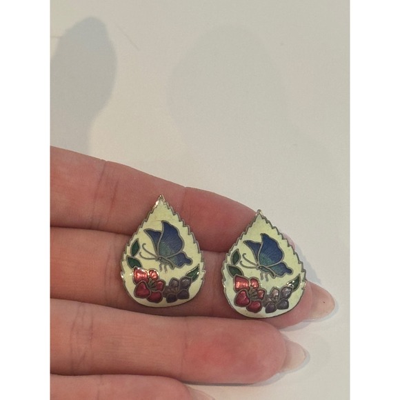 Jewelry - Vintage Enamel Butterfly Floral Stud Earrings Silver Teardrop Nature Jewelry